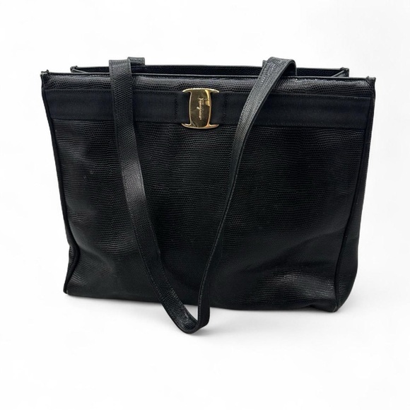 Salvatore Ferragamo Handbags - Black Leather Salvatore Ferragamo Vara Lizard Textured Handbag